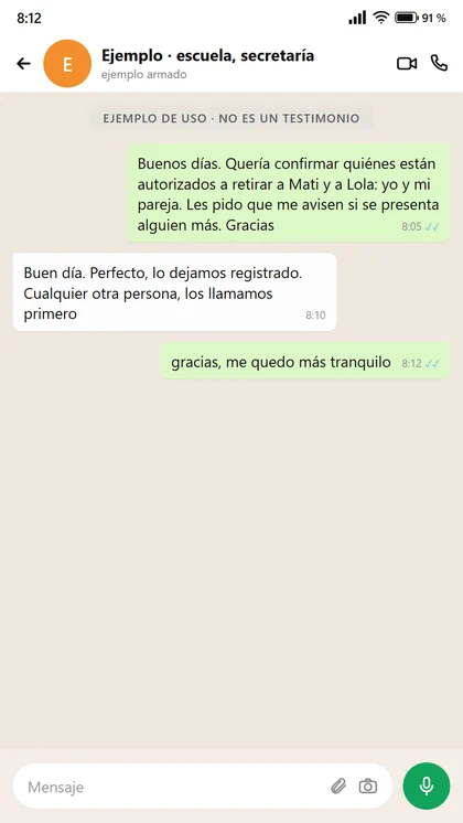 Ejemplo de uso: el mensaje a la escuela sobre quién retira a los chicos