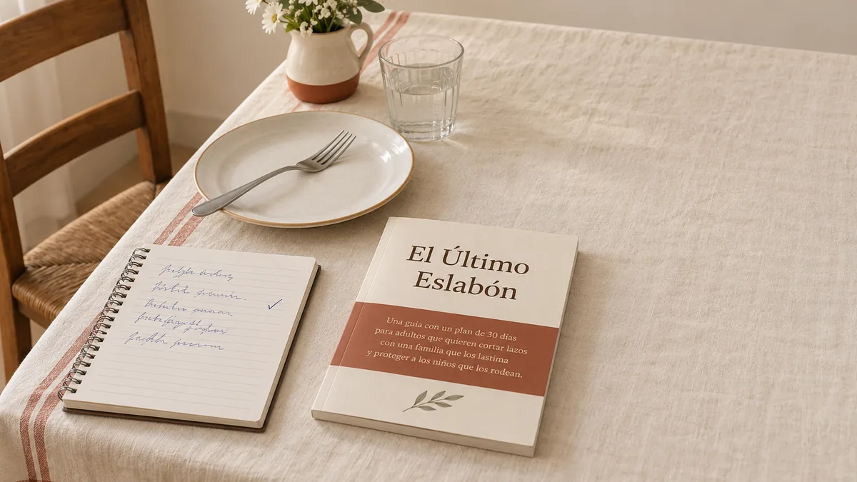 Una mesa de domingo con una silla corrida, un plato vacío, una libreta con anotaciones a birome y el ebook El Último Eslabón